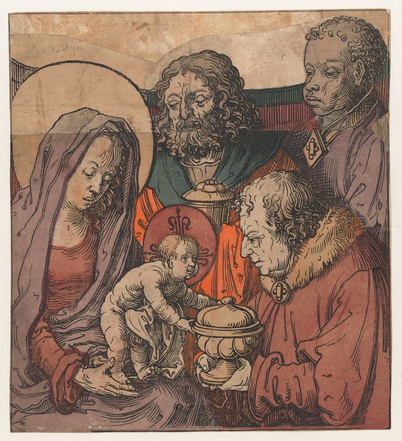 Gravura de Lucas van Leyden representando a Adoração dos Magos com figuras e dobras