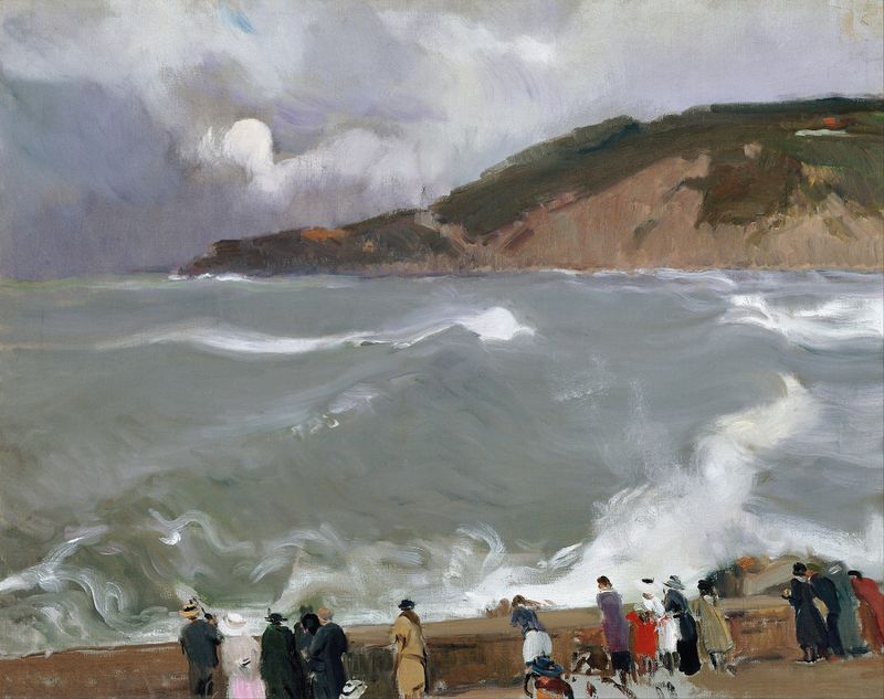 Breakwater, San Sebastián de Joaquín Sorolla, óleo sobre lienzo que muestra suaves olas y agua brillante.