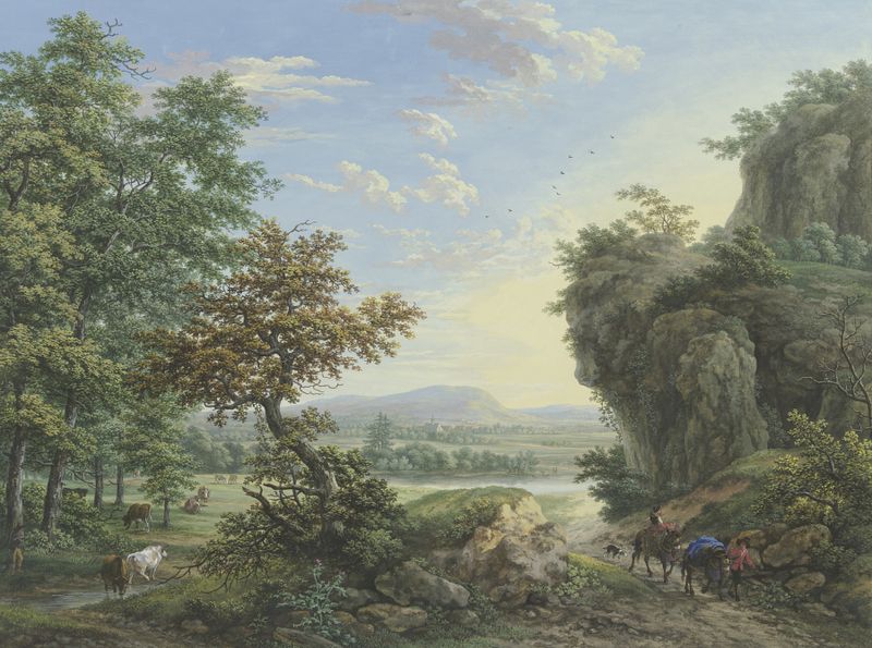 Landscape featuring a meadow, river, and high rocks by Karl Franz Kraul, medium unknown.