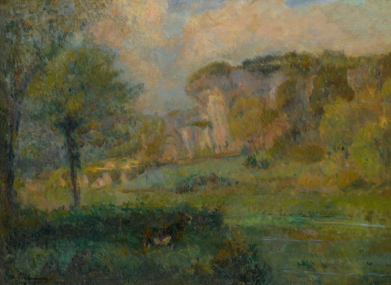 Landscape by Albert Lebourg, impressionism, depicting a textured forest with soft light.