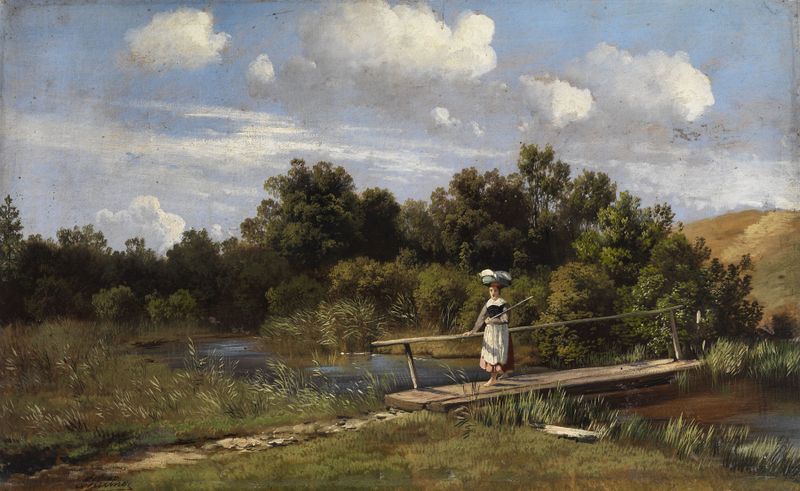 Pintura a óleo de Karl Millner mostrando uma lavadeira em uma paisagem serena com colinas verdes e luz suave.