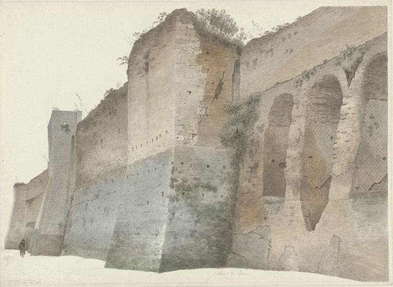 La Muralla Aureliana en Roma, pintura al óleo de Josephus Augustus Knip, con muralla antigua y luz dorada.