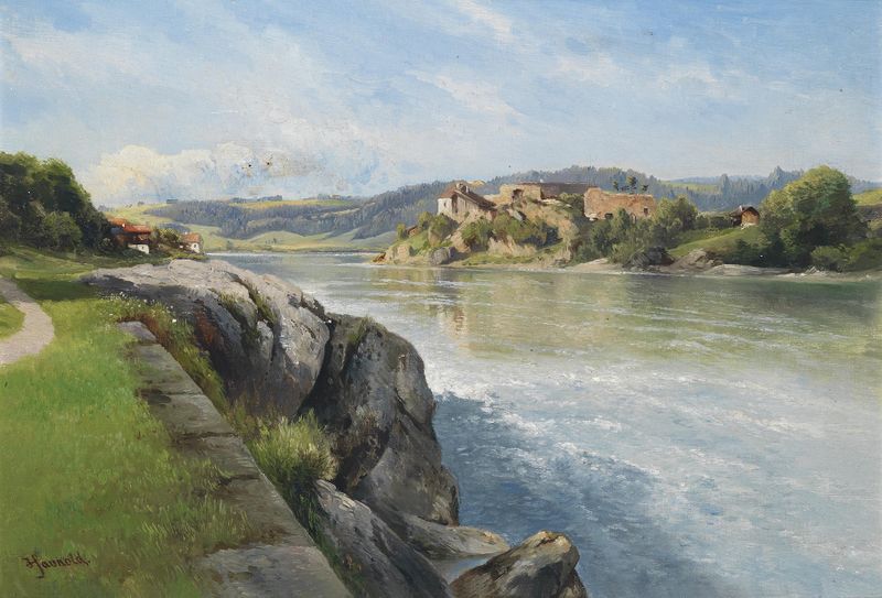 Tranquil river landscape with ruins, oil painting by Carl Franz Emanuel Haunold