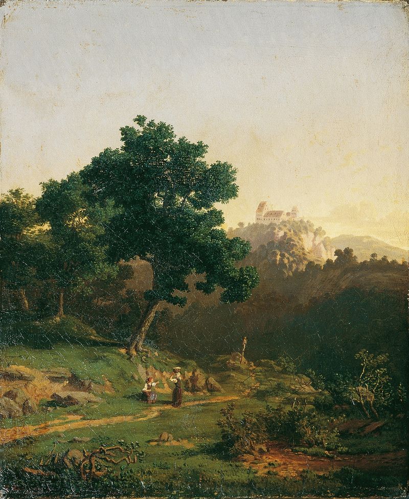 Landschaft mit Burg de Adolf Christian Baumann, pintura al óleo que muestra un castillo en una colina con vegetación exube...