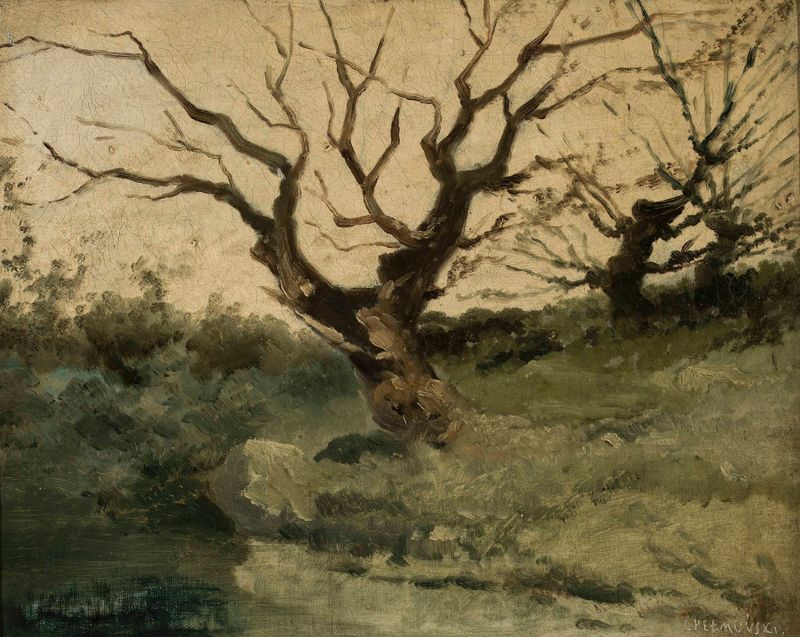 Paisaje de otoño de Jozef Chelmonski, óleo sobre lienzo que representa un follaje vibrante y luz solar.