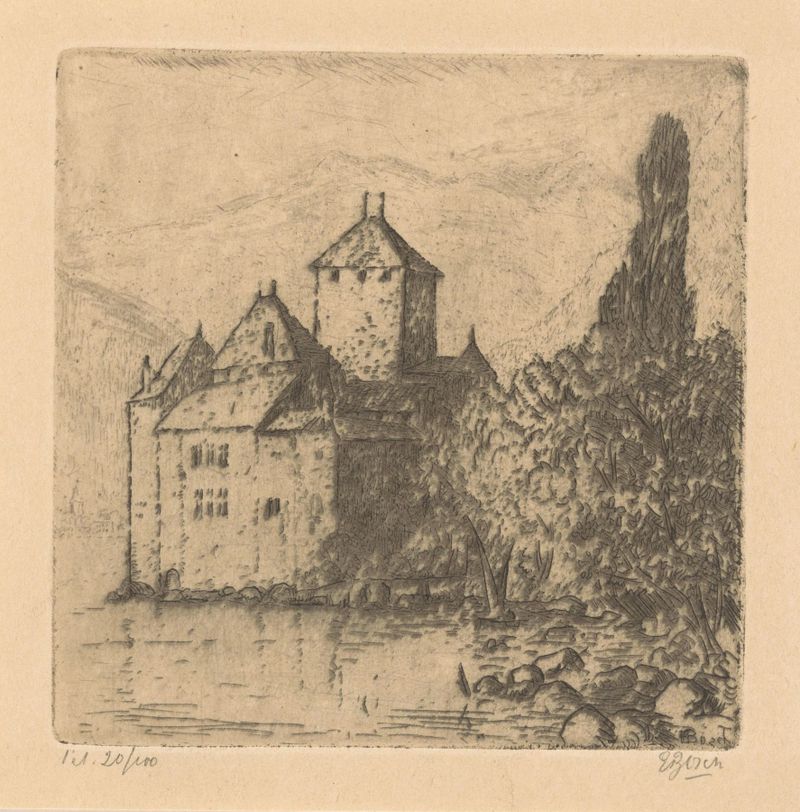 Kasteel van Chillon de Etienne Bosch, representando un castillo junto a un lago, pintura al óleo