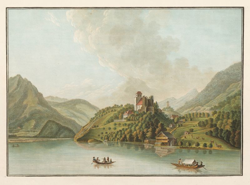 Paisagem de lago e montanhas de Caspar Wolf, pintura a óleo