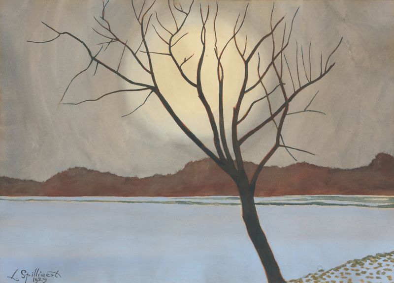 Landschap met boom op het voorplan de Léon Spilliaert, óleo sobre lienzo que muestra un árbol y nubes en espiral.