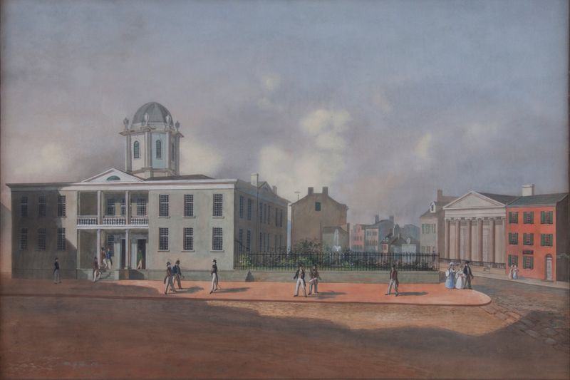 Urban scene with a crowd at an intersection, oil on canvas by John Caspar Wild