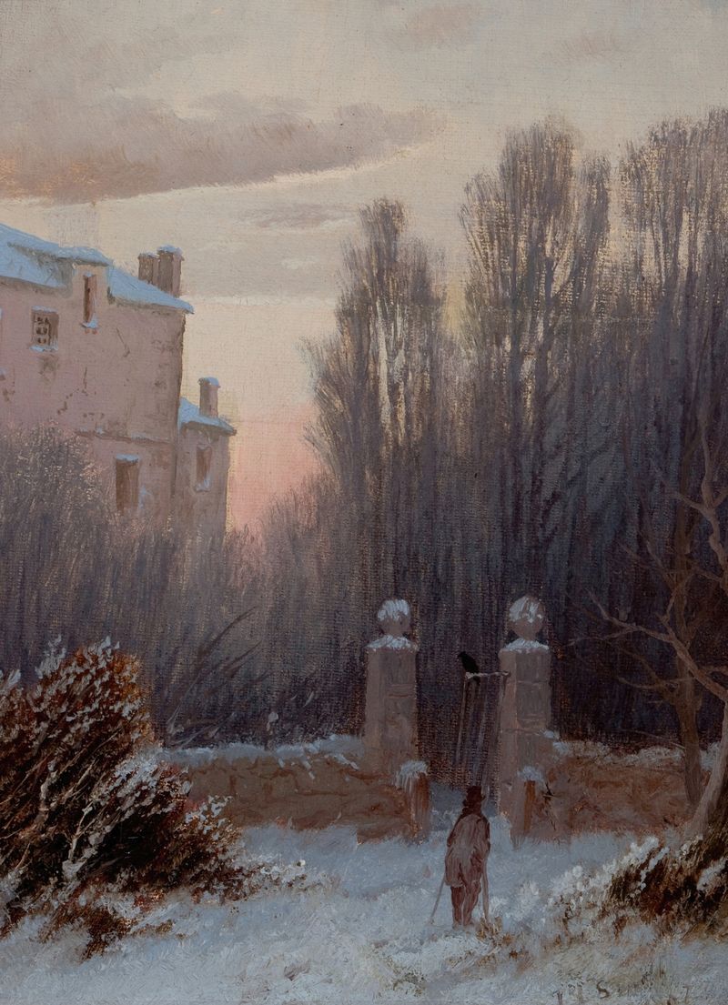 La Vieja Mansión en Invierno, óleo sobre lienzo de Thomas Lochlan Smith, muestra una mansión serena en un paisaje nevado.
