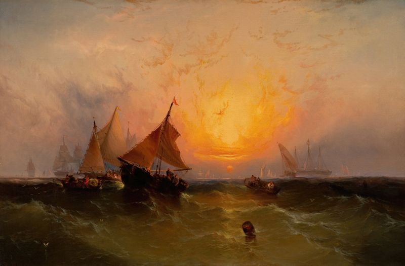 Ships at sunset in New York Harbor, oil painting by Edward Moran