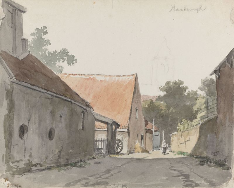 Paisaje de una calle adoquinada con casas encantadoras, óleo sobre lienzo de Adrianus Eversen