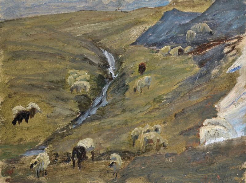 Un rebaño de ovejas pastando en un paisaje alpino, pintura al óleo de Ernst Schiess