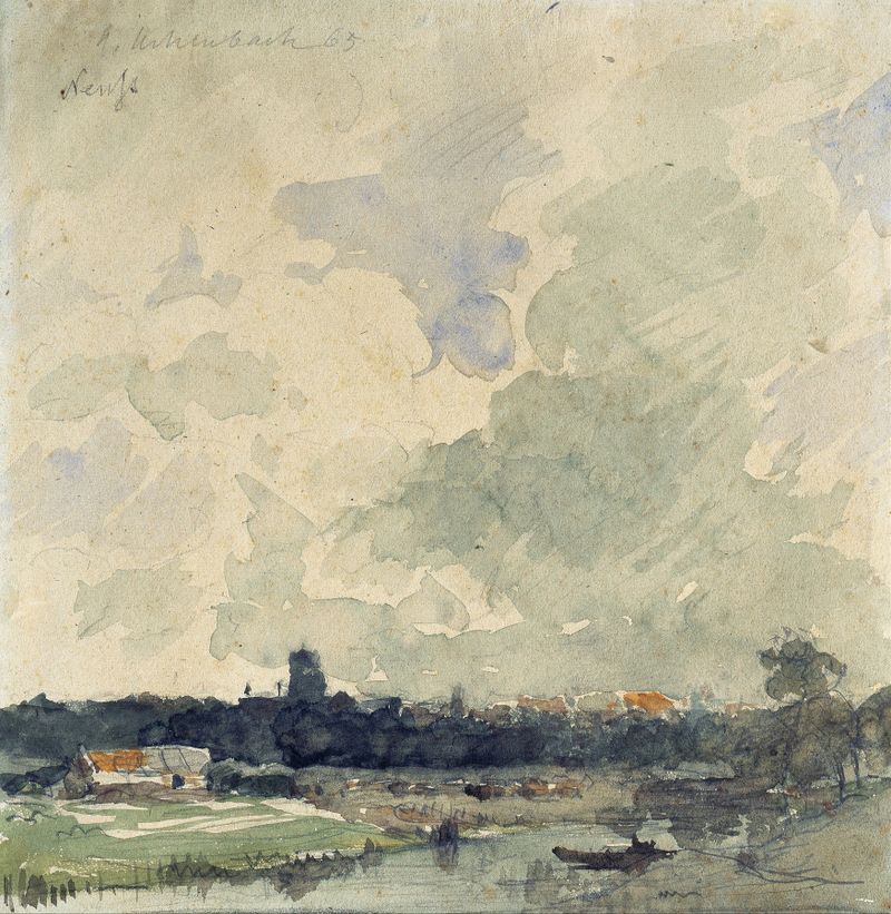 View of Neuss by Andreas Achenbach, oil painting depicting a serene river landscape with clouds.
