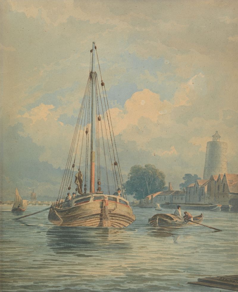 On the Thames, pintura al óleo de John Varley, que representa una escena de río serena con luz suave.