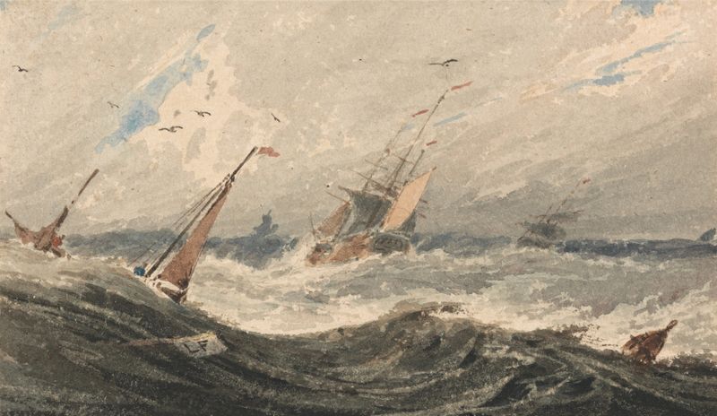 Pintura a óleo de François Louis Thomas Francia mostrando barcos lutando contra ondas tempestuosas.