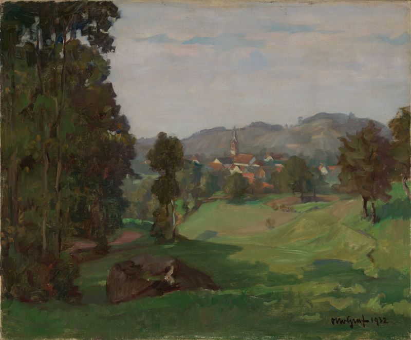Landschaft bei Sasbachwalden de Otto Graf, óleo sobre lienzo que representa campos dorados y un cielo nublado.