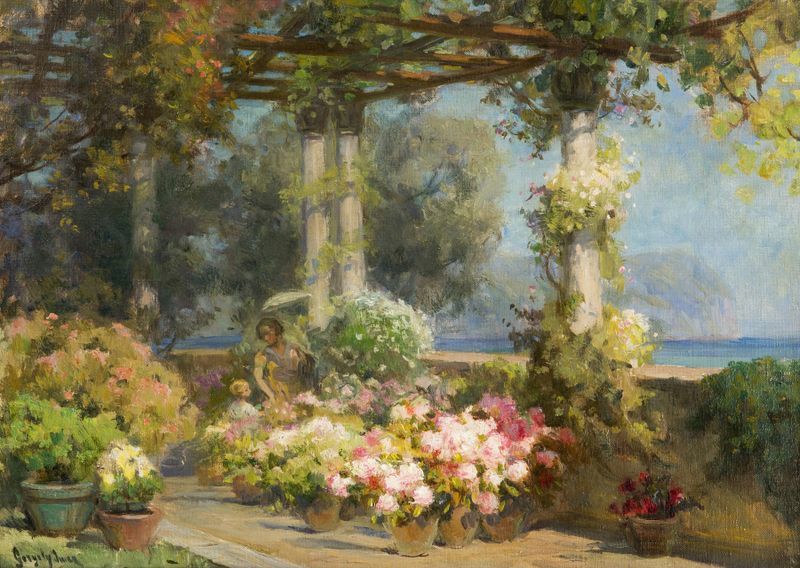Bajo el Pérgola, óleo sobre lienzo de Imre Gergely, con luz moteada y vegetación exuberante.