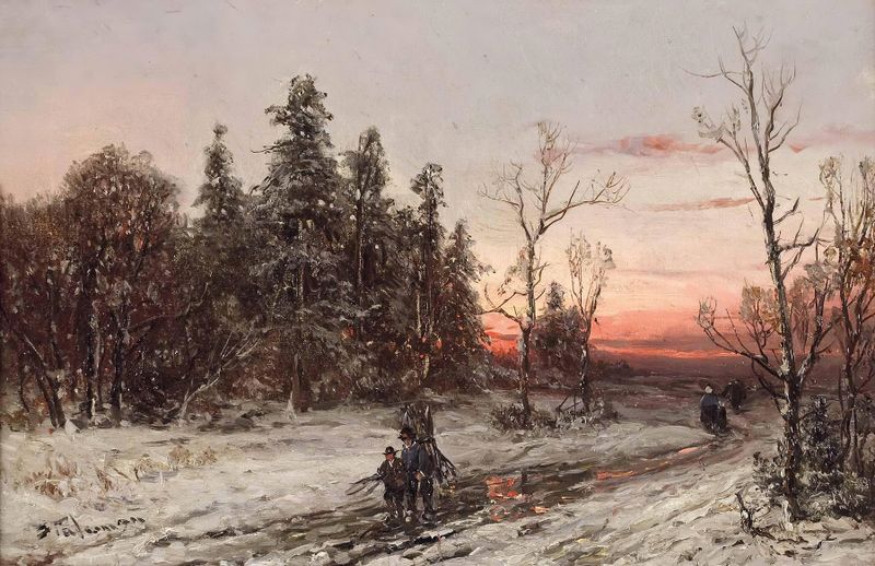 Genre scene depicting wood gatherers at dusk, oil painting by Adolf Stademann