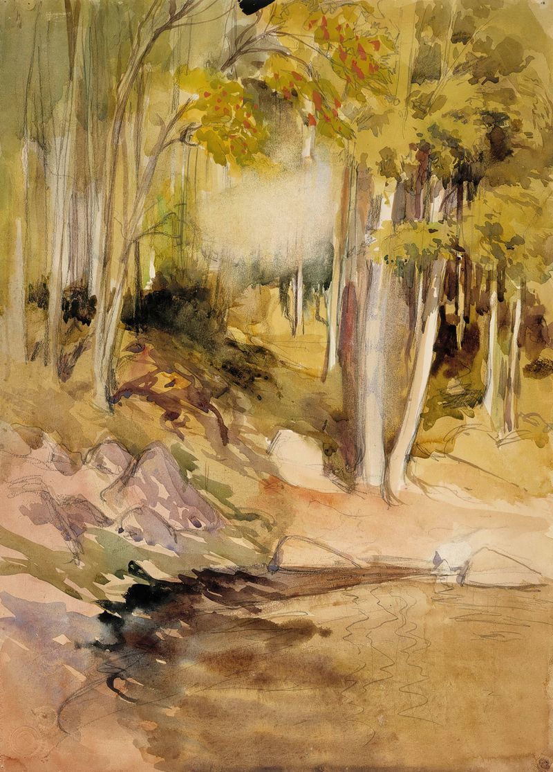 In the Woods de Albert Edelfelt, óleo sobre tela representando uma floresta serena com luz filtrando pelas folhas.