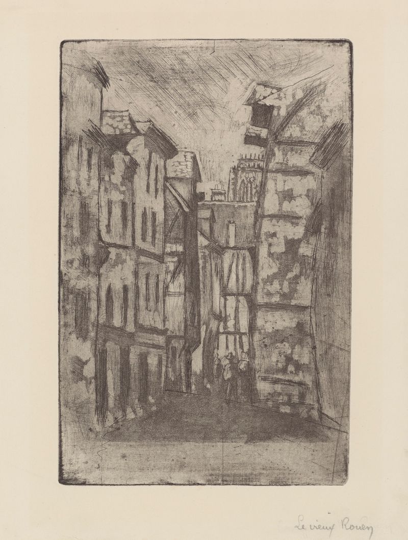 Paisagem urbana de Le vieux Rouen por Camille Pissarro, pintura a óleo com caminho de paralelepípedos e vila.