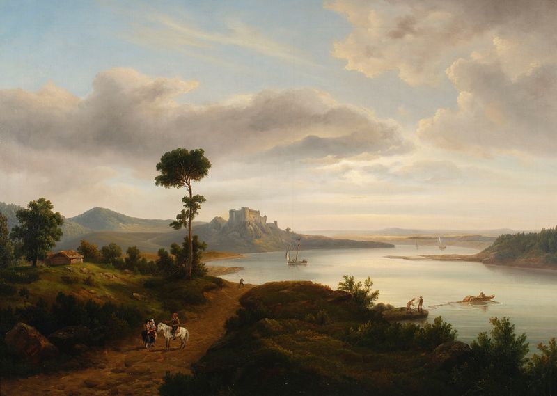 Northern landscape with a lake and a castle, oil on canvas by Chrystian Breslauer