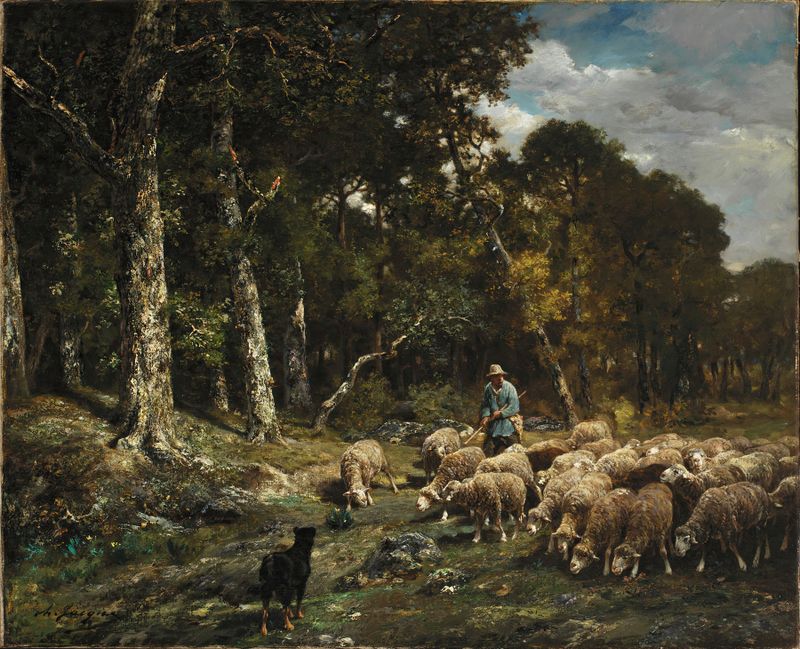 O Rebanho de Charles Emile Jacque, óleo sobre tela mostrando um pastor com ovelhas em um cenário rural.