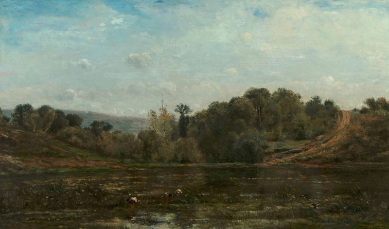 Cranes bebendo em um lago, óleo sobre tela de Charles François Daubigny