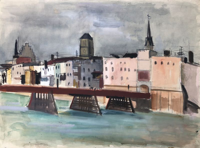 Paisagem de Wasserburg am Inn com ponte sobre o rio, pintura a óleo de Otto Geigenberger