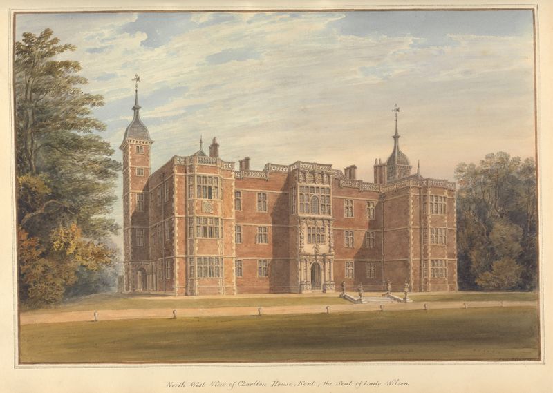 Vista noroeste de Charlton House, Kent de John Buckler, arquitetura neoclássica