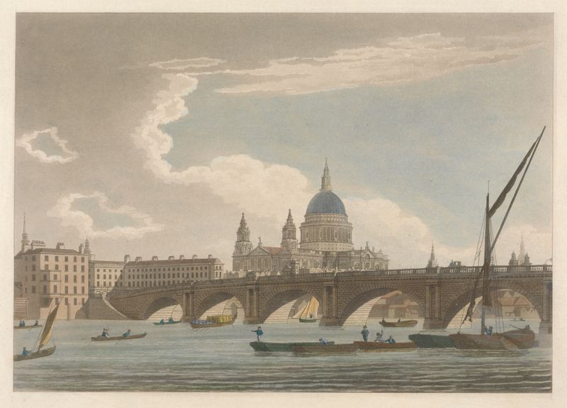 Blackfriars Bridge de Thomas Malton, pintura al óleo que representa un puente sobre un río con un cielo vibrante.
