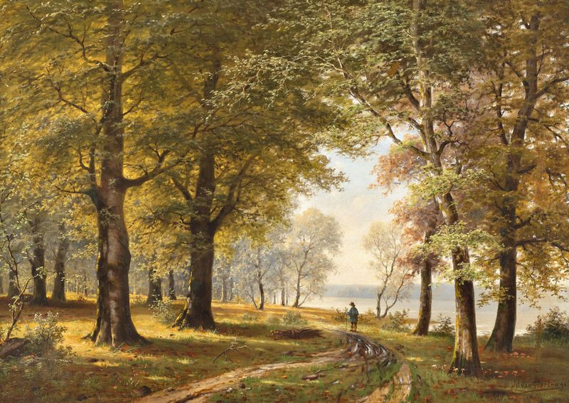 Un sendero forestal en otoño con un excursionista, pintura al óleo de Jacobus Johannes van Poorten