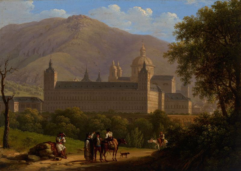 Pintura al óleo del Escorial por Giuseppe Canella, mostrando arquitectura y paisaje.