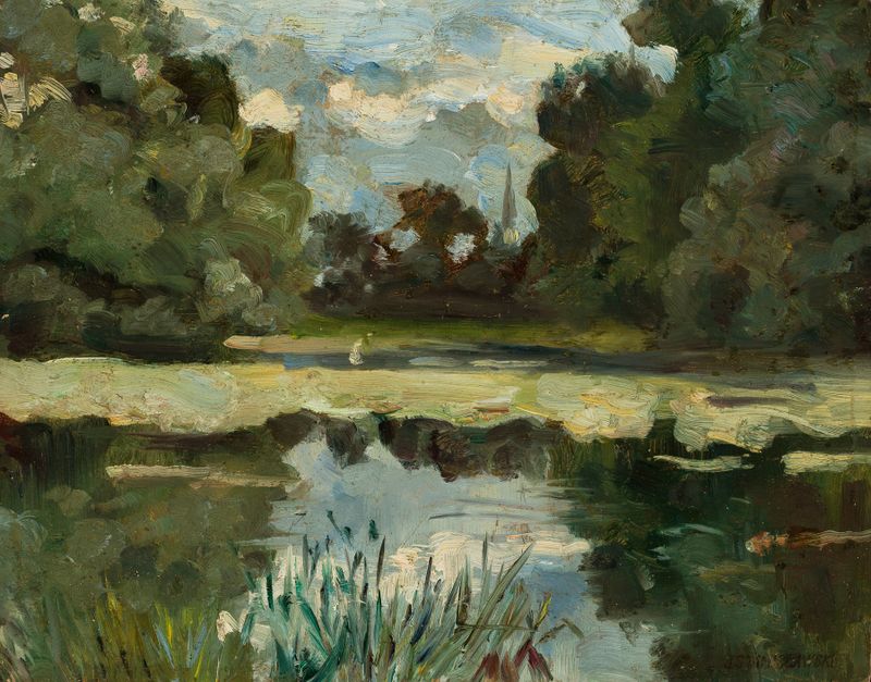 Paisaje de parque con un estanque, óleo sobre lienzo de Jan Stanisławski