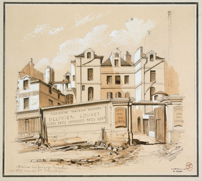 Rue du Vieux-Colombier de Jules-Adolphe Chauvet, óleo sobre lienzo que muestra fachadas de pueblo en ruinas.