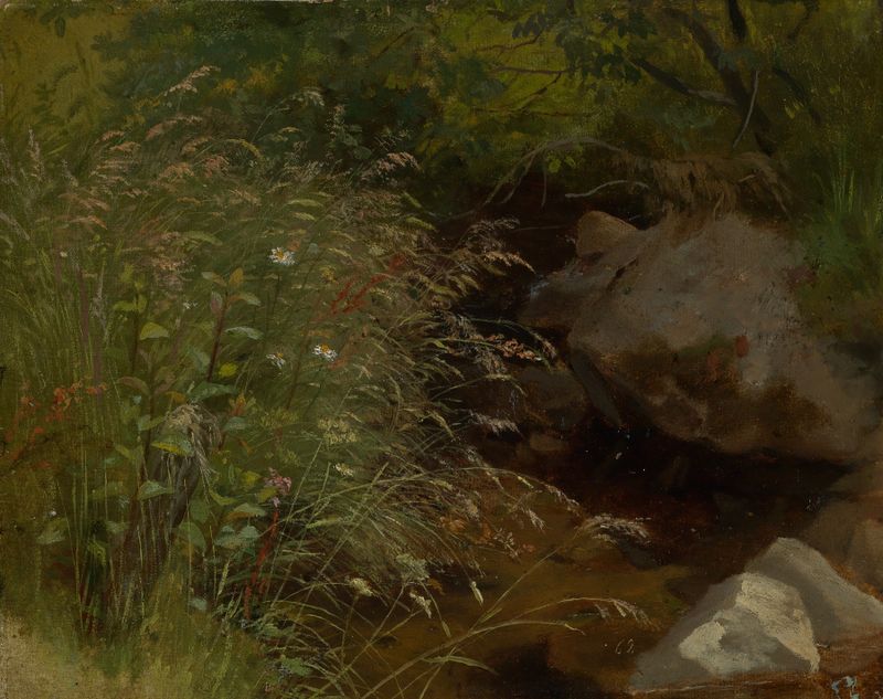 Gräser am Bachrand, oil on canvas by Hans Thoma, depicting grass by a river in sunlight.