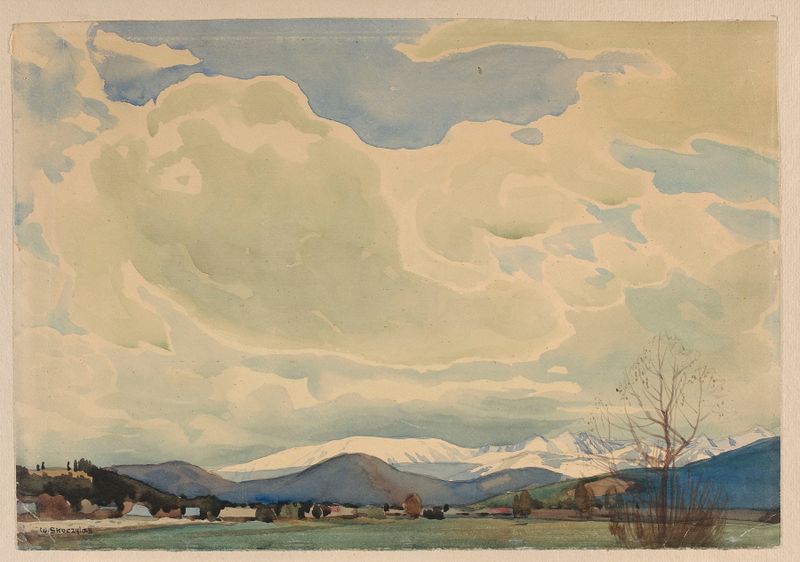 Wiosna w Zakopanem de Władysław Skoczylas, retratando uma paisagem de primavera com flores silvestres e montanhas.