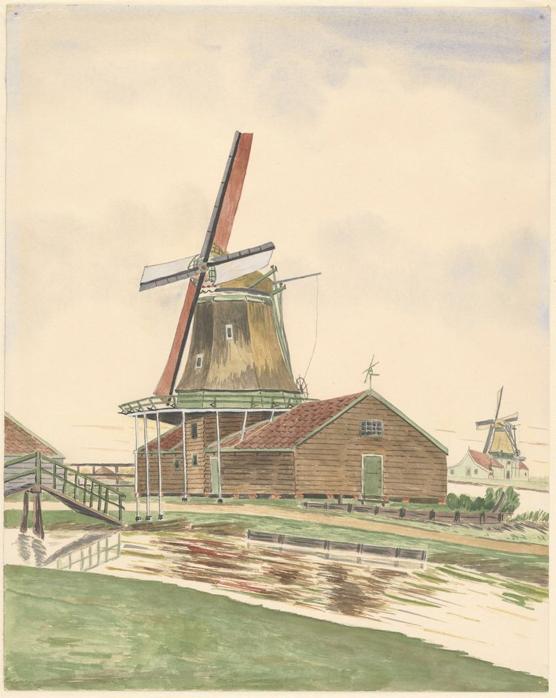 Paisagem com moinho ao pôr do sol de Johannes Nicolaas Eijman, pintura a óleo