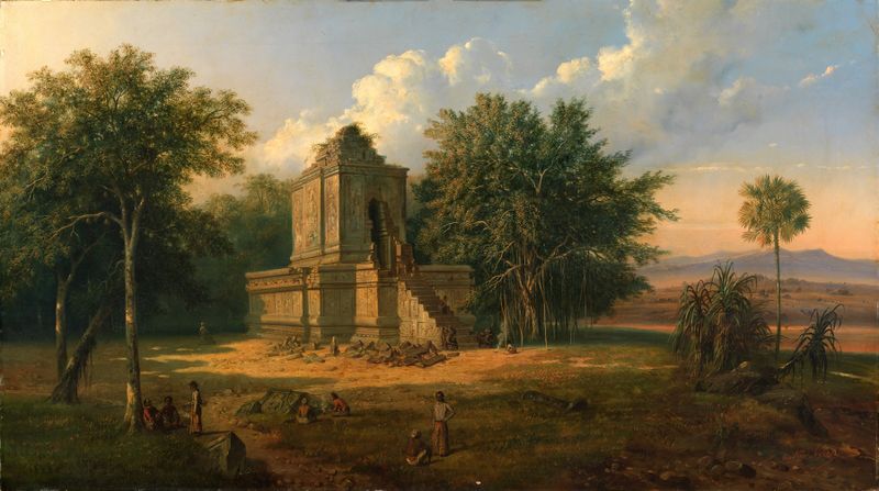 Javanese Temple In Ruins by Raden Saleh, oil on canvas depicting crumbling stone walls entwined with nature.