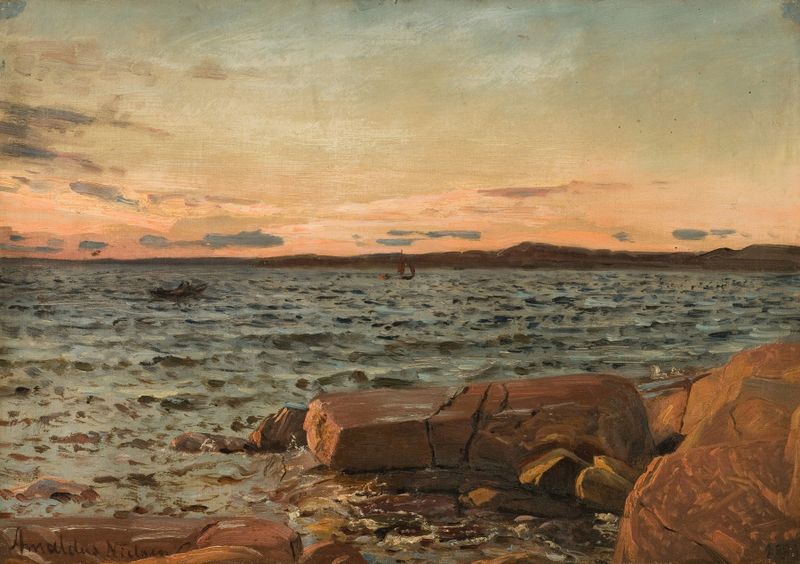 Landscape with swirling clouds, oil painting by Amaldus Nielsen