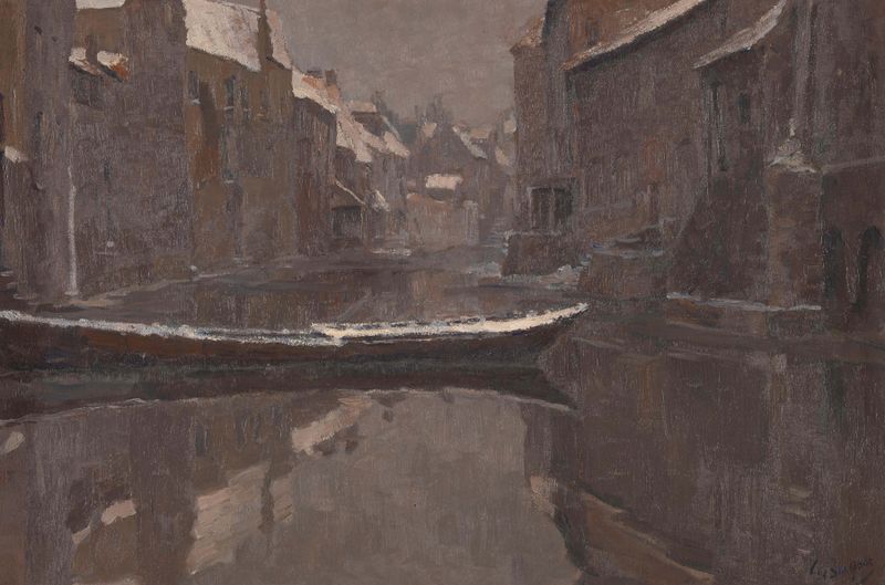 Old Canal at Ghent in Winter, oil painting by Georges Léon Ernest Buysse, featuring bare trees and a tranquil canal.