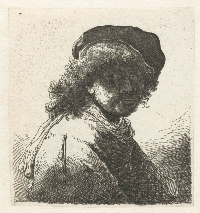 Autorretrato en grabado de artista desconocido con cara oscura, gorra y bufanda.