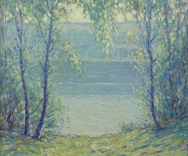Paisaje de primavera con vibrantes verdes y amarillos, óleo sobre lienzo de George J. Stengel