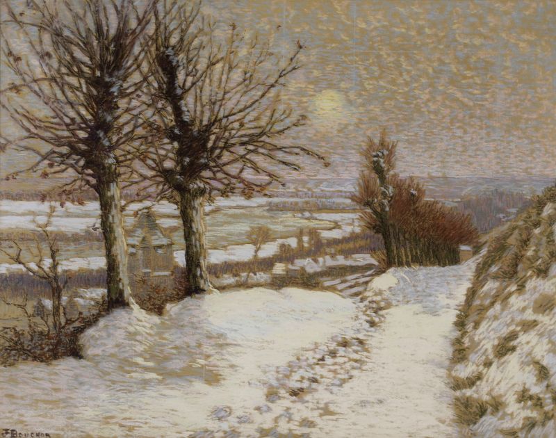 Winter landscape with snow and sunlight, oil painting by Joseph Félix Bouchor