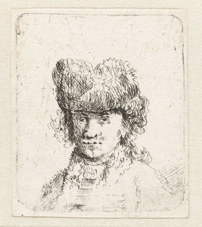 Autorretrato en un gorro de piel, grabado de un artista desconocido