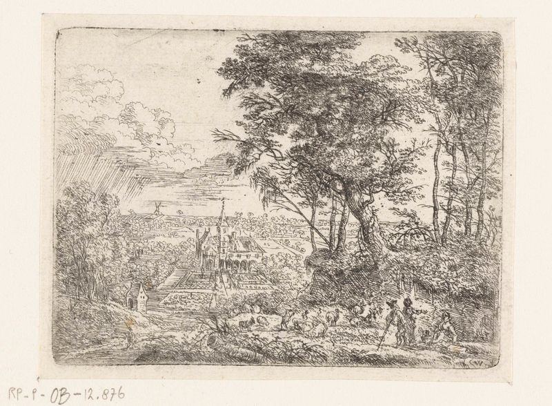 Landschap met in de verte een landhuis, gravura de Lucas van Uden retratando uma paisagem serena com campos e uma casa.