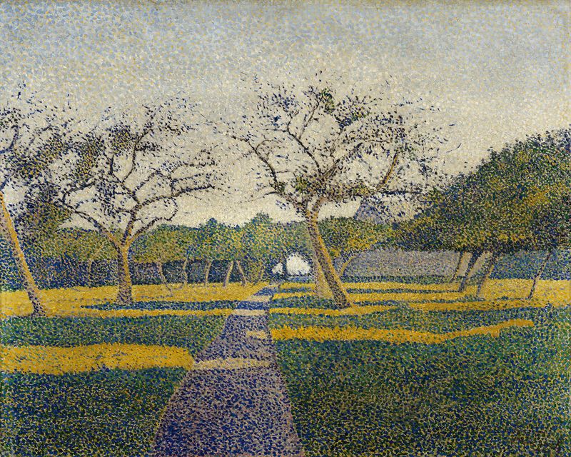 Orchard at La Louvière de Alfred William Finch, pintura a óleo impressionista com árvores em flor.