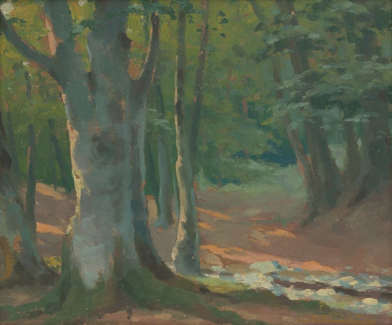 Forest landscape by Ľudovít Čordák, oil on canvas depicting light filtering through trees.