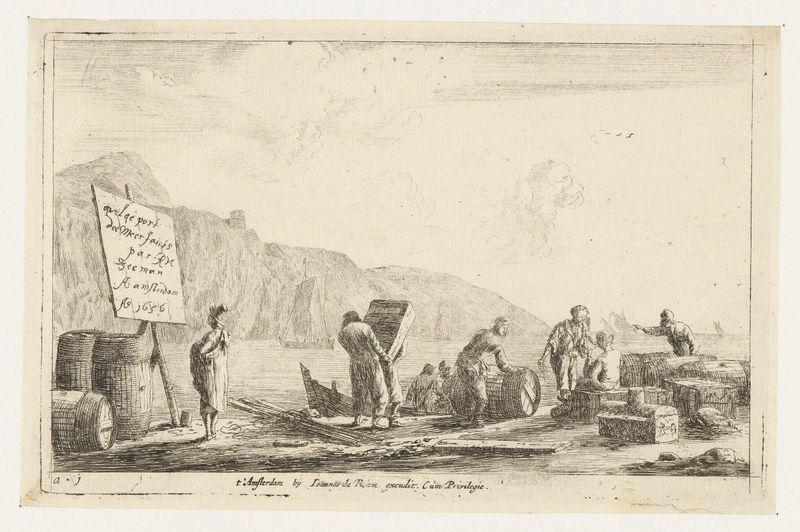 Marineros preparando barcos en un puerto, grabado de Reinier Nooms