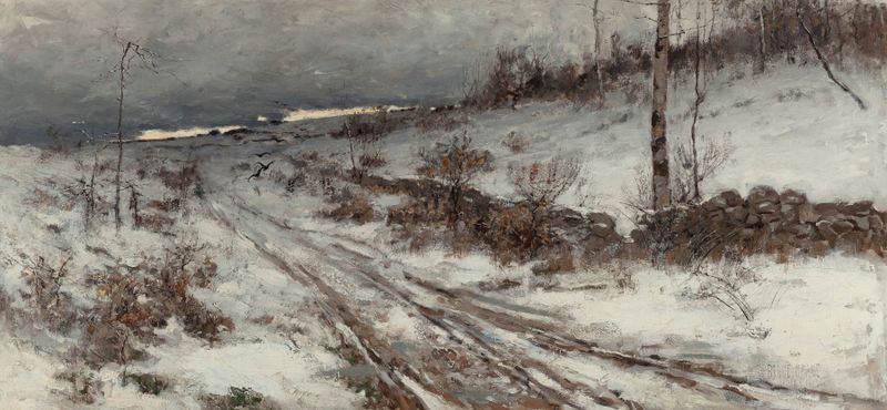 A Winter’s Day by Bruce Crane, oil painting depicting a winter landscape with snow and soft light.